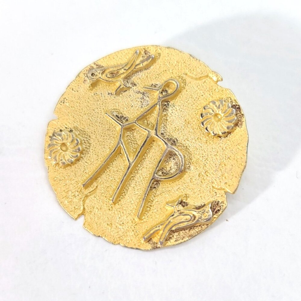 800 silver gilded abstract round brooch textured disc w. figure bird, artisan